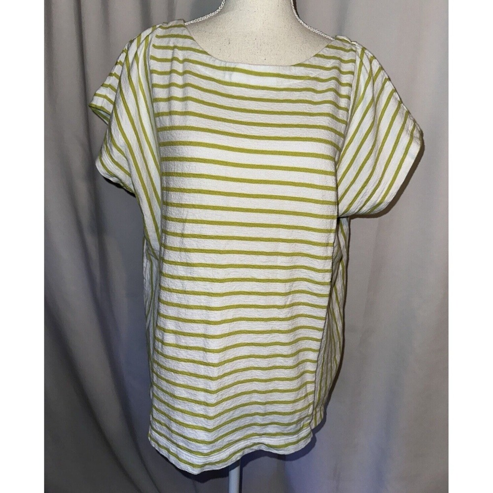 J Jill‎ Top Size L Green Striped Tunic Tee Dolman Sleeve Button Down 100% Cotton